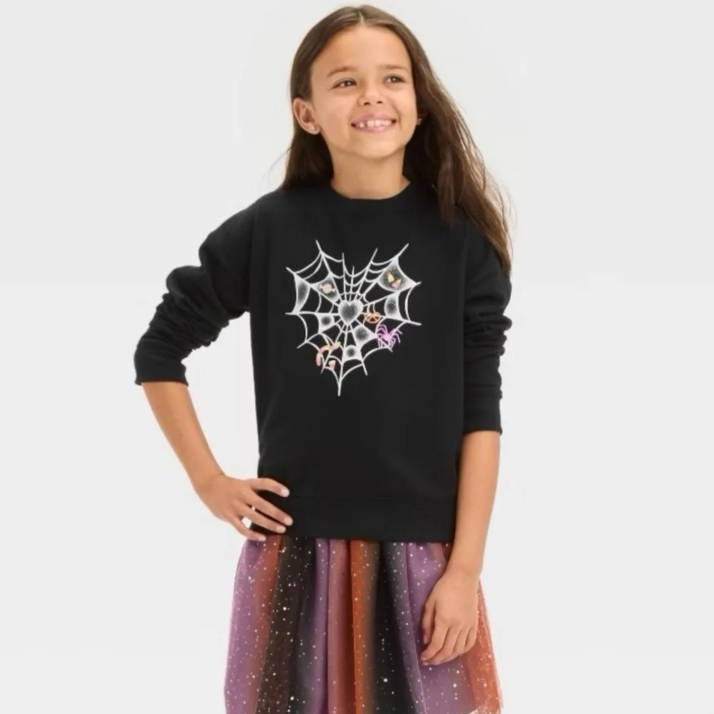 NWT Cat & Jack Black Heart Spiderweb Halloween Sweatshirt Girl's XL (14) New